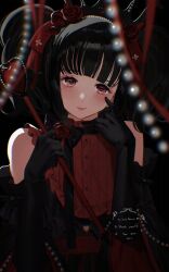 Rule 34 | 1girl, backlighting, bare shoulders, black bow, black gloves, black hair, blunt bangs, blurry, blurry foreground, bow, buttons, closed mouth, commentary, commission, cross, dark, elbow gloves, english commentary, flower, gem, gloves, gothic lolita, greek cross, hair flower, hair ornament, hair ribbon, hand on own face, hands up, heart, holding, holding wand, jpeg artifacts, light blush, light smile, lolita fashion, looking at viewer, medium hair, original, pearl (gemstone), pearl hair ornament, pink eyes, red flower, red ribbon, red rose, red shirt, ribbon, rose, shirt, skeb commission, solo, thank you, upper body, wand, youichi (45 01)