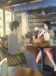Rule 34 | 1boy, 1girl, absurdres, aged up, artist name, black hair, blue eyes, blue neckwear, braid, brown eyes, brown hair, cafe, capri pants, cellphone, cup, dated, dessert, food, formal, french braid, glass, hair ribbon, half updo, highres, holding, holding cup, holding phone, indoors, kimi no na wa., knees together feet apart, md5 mismatch, miyamizu mitsuha, open mouth, pancake, pants, phone, red ribbon, resolution mismatch, restaurant, ribbon, sidelocks, sitting, smartphone, source smaller, straw, suit, sweatdrop, tachibana taki, window, wooden floor