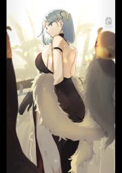 Rule 34 | arm strap, azur lane, backless dress, backless outfit, bare back, bare shoulders, black dress, black gloves, blue eyes, breasts, choker, cleavage, dress, earrings, from behind, fur collar, gloves, hair ornament, highres, jewelry, large breasts, looking at viewer, manjuu (azur lane), mugino kouji, official alternate costume, short hair, side slit, standing, tirpitz (a vase for the frost flower) (azur lane), tirpitz (azur lane), white hair