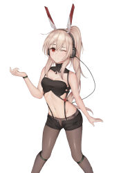 Rule 34 | 1girl, ;), absurdres, animal ear headphones, animal ears, ayanami (azur lane), ayanami (rock &#039;n&#039; demon) (azur lane), ayanami (rock &#039;n&#039; demon) (azur lane), azur lane, bare shoulders, black pantyhose, black shorts, blush, breasts, bustier, cable, cleavage, commentary request, detached collar, fake animal ears, hair between eyes, headgear, headphones, highres, kkieut, pantyhose under shorts, long hair, looking at viewer, mechanical ears, midriff, navel, one eye closed, open clothes, open shorts, pantyhose, ponytail, rabbit ear headphones, red eyes, revealing clothes, revision, short shorts, shorts, sidelocks, simple background, smile, solo, stomach, suspender shorts, suspenders, very long hair, white background, white hair, zipper