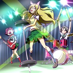 Rule 34 | 3girls, animal ears, arms up, barbell, black neckerchief, blouse, boots, brown hair, cat ears, commentary, drum, drum set, electric guitar, eyepatch, fake animal ears, food, freckles, frown, fruit, girls und panzer, glasses, green skirt, grey hair, grin, guitar, hair between eyes, hair pulled back, hairband, half-closed eyes, holding, holding instrument, holding microphone, instrument, jaw drop, kogane (staygold), long hair, looking at another, low ponytail, medium skirt, microphone, microphone stand, midriff, miniskirt, momogaa (girls und panzer), multiple girls, music, neckerchief, nekonyaa (girls und panzer), night, no neckwear, ooarai school uniform, open mouth, peach, pink hairband, piyotan (girls und panzer), playing instrument, pleated skirt, ponytail, red footwear, rimless eyewear, round eyewear, sailor collar, school uniform, shirt, short hair, short sleeves, singing, skirt, smile, spotlight, standing, standing on one leg, sweatdrop, tank shell, white sailor collar, white shirt
