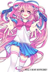 Rule 34 | black theme, blue skirt, blush, bow, english text, giffany, gravity falls, hair bow, hair ribbon, highres, long hair, looking at viewer, miniskirt, open mouth, pink eyes, pink hair, pleated skirt, reaching, reaching towards viewer, ribbon, shirt, short sleeves, simple background, skindentation, skirt, smile, solo, teeth, text focus, thighhighs, thighs, ultracat, very long hair, white background, white shirt, white thighhighs, zettai ryouiki