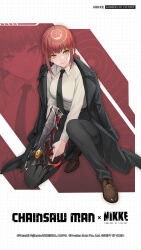 Rule 34 | 1girl, black coat, black necktie, black pants, braid, braided ponytail, breasts, business suit, buttoned cuffs, buttons, chainsaw man, coat, collared shirt, crossover, formal, goddess of victory: nikke, grid background, gun, highres, holding, holding gun, holding weapon, long coat, long hair, long sleeves, looking at viewer, makima (chainsaw man), medium breasts, necktie, office lady, official art, pants, pink hair, ringed eyes, shirt, shirt tucked in, suit, weapon, white shirt, yellow eyes