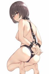 Rule 34 | 1girl, barefoot, bdsm, black panties, bondage, bound, collar, cuffs, cuffs-to-collar, doyouwantto, handcuffs, harness, highres, looking at viewer, original, panties, restrained, short hair, simple background, slave, soles, solo, underwear, white background