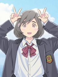 Rule 34 | 1girl, blazer, blush stickers, bow, bowtie, brown eyes, double v, hana tanaka (new crown), highres, jacket, looking at viewer, mino tarou, neckwear request, new crown, open mouth, shirt, short hair, smile, solo, upper body, v, white shirt