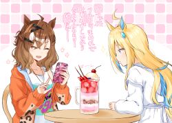 Rule 34 | 2girls, absurdres, ahoge, animal ears, animal print, aqua hair, blonde hair, blue eyes, braid, brown hair, casual, cellphone, cherry, closed eyes, collarbone, colored inner hair, commentary request, food, fruit, hair between eyes, hair ornament, hairclip, highres, holding, holding phone, horse ears, horse girl, jacket, jewelry, jungle pocket (umamusume), leopard print, long hair, long sleeves, looking down, medium hair, messy hair, multicolored hair, multiple girls, neo universe (umamusume), notched ear, official alternate costume, open clothes, open jacket, orange jacket, parfait, pendant, phone, ryochapu, sidelocks, sitting, smartphone, strawberry, table, tail, taking picture, tankard, two-tone hair, umamusume, upper body, wafer stick, wavy hair, white hair, wooden chair, wooden table
