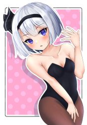 Rule 34 | 1girl, alternate costume, alternate eye color, bare shoulders, black dress, black hairband, black ribbon, blush, border, breasts, brown pantyhose, bunny day, collarbone, commentary request, dress, grey hair, hairband, highres, houri sh, konpaku youmu, looking away, open mouth, outside border, pantyhose, pink background, polka dot, polka dot background, purple eyes, ribbon, shadow, short hair, small breasts, solo, standing, touhou, white border