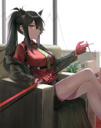 Rule 34 | 1girl, animal ear fluff, animal ears, arknights, armchair, backlighting, bare legs, belt, between fingers, black coat, black hair, black jacket, black shorts, breasts, chair, cigarette, closed mouth, coat, couch, crossed legs, feet out of frame, gloves, green necktie, highres, holding, holding cigarette, holding sword, holding weapon, indoors, jacket, long hair, long sleeves, looking at viewer, medium breasts, necktie, off shoulder, okayannosuke, open clothes, open coat, open jacket, ponytail, red eyes, red gloves, red shirt, shirt, shorts, sidelocks, sitting, solo, striped necktie, sword, texas (arknights), texas (willpower) (arknights), underbust, weapon, window, wolf ears