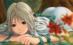 Rule 34 | 1girl, ass, blonde hair, blue eyes, blurry, depth of field, female focus, lying, nature, on stomach, original, outdoors, pointy ears, signature, smile, solo, tree, yukihiro