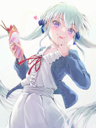 Rule 34 | 1girl, :p, arigato (rmskrtkdlqj), blue bow, blue jacket, blush, bow, center frills, closed mouth, collared shirt, commentary, crepe, food, frills, green hair, grey background, hair between eyes, hair bow, hands up, heart, highres, holding, holding food, jacket, licking, licking finger, long hair, long sleeves, looking at viewer, neck ribbon, open clothes, open jacket, original, pleated skirt, purple eyes, red ribbon, ribbon, shirt, skirt, smile, solo, symbol-only commentary, tongue, tongue out, twintails, very long hair, white shirt, white skirt