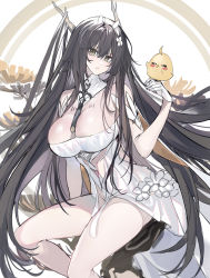 Rule 34 | 1girl, absurdres, antlers, azur lane, bare legs, bare shoulders, black hair, breasts, character request, commentary request, dress, echj, feet out of frame, gloves, grey eyes, hand up, highres, horns, large breasts, long hair, looking at viewer, manjuu (azur lane), thighs, very long hair, white background, white dress, white gloves