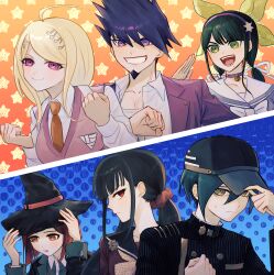 Rule 34 | 2boys, 4girls, absurdres, ahoge, akamatsu kaede, black headwear, black jacket, black sailor collar, blonde hair, bow, bowtie, breasts, buttons, chabashira tenko, choker, clenched hand, clenched hands, collarbone, collared shirt, danganronpa (series), danganronpa v3: killing harmony, double-breasted, facial hair, fortissimo, goatee, green hairband, grin, hair ornament, hair ribbon, hair scrunchie, hairband, hand up, harukawa maki, hat, hayate0622, highres, jacket, large breasts, long hair, mole, mole under eye, momota kaito, multiple boys, multiple girls, musical note, musical note hair ornament, orange background, pink choker, pink eyes, pink hairband, pink jacket, pink vest, red eyes, red hair, red scrunchie, red shirt, ribbon, saihara shuichi, sailor collar, scrunchie, shirt, short hair, smile, spiked hair, star (symbol), star hair ornament, striped clothes, striped jacket, teeth, twintails, upper body, vest, white bow, white bowtie, white ribbon, white shirt, witch hat, yumeno himiko