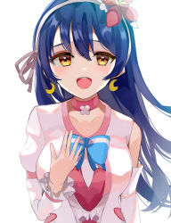 Rule 34 | 1girl, absurdres, artist name, artist request, blue bow, blue hair, blush, bokutachi wa hitotsu no hikari, bow, bowtie, breasts, choker, close-up, collarbone, crescent, crescent earrings, detached sleeves, dress, earrings, elbow gloves, female focus, floating hair, flower, flower choker, gloves, hair between eyes, hair flower, hair ornament, hair ribbon, hairband, hand on own breast, hand on own chest, heart, heart print, highres, ioring studio, jewelry, long hair, long sleeves, looking at viewer, love live!, love live! school idol festival, love live! school idol project, medium breasts, moon earrings, nagisa iori, parted lips, pink choker, pink dress, pink flower, pink hairband, plaid, plaid dress, pleated, pleated dress, puffy long sleeves, puffy short sleeves, puffy sleeves, ribbon, short dress, short sleeves, single elbow glove, single glove, skirt, smile, solo, sonoda umi, striped, striped bow, upper body, very long hair, wavy hair, white background, white dress, white gloves, white hairband, white ribbon, white skirt, yellow eyes