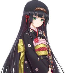 Rule 34 | 1girl, bishoujo mangekyou, black hair, blunt bangs, blush, bow, eyeshadow, flat chest, floral print, flower, frown, game cg, green eyes, hair bow, hair ribbon, hairband, happoubi jin, hexagon, hime cut, japanese clothes, kimono, long hair, looking at viewer, makeup, obi, official art, profile, renge, renge (bishoujo mangekyou), ribbon, rope, rose, sash, sidelocks, solo, standing, tachi-e, transparent background, upper body, very long hair, white background, wide sleeves