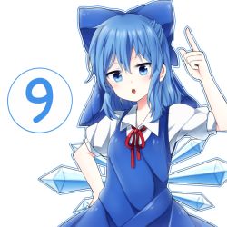 Rule 34 | 1girl, blue eyes, blue hair, bow, circled 9, cirno, dress, hair bow, hand on own hip, puffy short sleeves, puffy sleeves, short hair, short sleeves, solo, soooooook2, touhou, wings