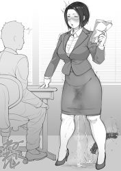 Rule 34 | 1boy, 1girl, ^^^, ahegao, bare legs, blush, breasts, chair, collared shirt, crumpled paper, desk, dildo, dildo reveal, dress shirt, drooling, faceless, faceless male, female ejaculation, fingernails, formal, full body, greyscale, high heels, holding, holding paper, horse dildo, indoors, looking at another, medium breasts, monochrome, motion lines, neone, office chair, office lady, original, paper, parted lips, pumps, pussy juice, pussy juice drip, pussy juice stain, saliva, sex toy, shirt, short hair, sitting, skirt, skirt suit, snot, snot trail, stain, stained clothes, standing, suit, surprised, sweat, sweatdrop, swivel chair, tearing up, trembling, window, window blinds, wing collar