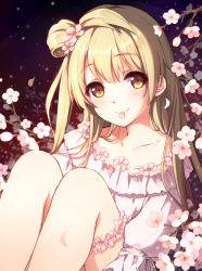 Rule 34 | 10s, 1girl, brown eyes, brown hair, cherry blossoms, flower, hair flower, hair ornament, highres, kamon (shinshin), long hair, looking at viewer, love live!, love live! school idol festival, love live! school idol project, minami kotori, mouth hold, one side up, petals, smile, solo, sura (mana0703), thigh strap