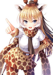 Rule 34 | 10s, 1girl, :d, akashio (loli ace), animal ears, animal print, blonde hair, blue eyes, breast pocket, breasts, brown hair, doyagao, giraffe ears, giraffe print, giraffe tail, gradient hair, hair between eyes, hand on own hip, high-waist skirt, highres, kemono friends, leaning forward, long hair, long sleeves, looking at viewer, medium breasts, multicolored hair, open mouth, pantyhose, pleated skirt, pocket, pointing, pointing at viewer, ponytail, reticulated giraffe (kemono friends), sidelocks, simple background, skirt, smile, smug, solo, tail, v-shaped eyebrows, white background, white hair