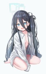 Rule 34 | 1girl, aris (blue archive), black hair, blue archive, breasts, hair between eyes, hairband, halo, highres, long hair, naked shirt, nenosame, one side up, open mouth, shirt, simple background, sitting, small breasts, smile, solo, wariza, white background, white shirt