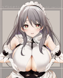 Rule 34 | 1girl, artist name, azur lane, breasts, breasts squeezed together, charybdis (azur lane), clothing cutout, commission, earrings, elbow gloves, gloves, grey background, grey hair, heart, heart-shaped pupils, highres, huge breasts, jewelry, large breasts, long hair, looking at viewer, maid, maid headdress, misato nagi, open mouth, sideboob, skeb commission, solo, symbol-shaped pupils, underboob cutout, upper body, white gloves, yellow eyes