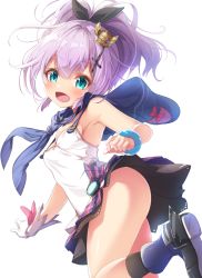 Rule 34 | 1girl, :d, aqua eyes, ass, azur lane, bare shoulders, black ribbon, black socks, blue footwear, blue skirt, blush, boots, breasts, camisole, commentary request, crown, gloves, hair between eyes, hair ribbon, high ponytail, javelin (azur lane), looking at viewer, matokechi, medium breasts, mini crown, open mouth, plaid, plaid skirt, pleated skirt, ponytail, purple hair, ribbon, shoe soles, single glove, skirt, smile, socks, solo, tilted headwear, white camisole, white gloves