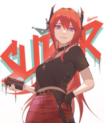 Rule 34 | 1girl, arknights, artist name, belt, black belt, black choker, black gloves, black nails, black shirt, breasts, can, character name, choker, cowboy shot, cross, cross necklace, demon horns, gloves, graffiti, highres, holding, holding can, hoonter29, horns, jewelry, long hair, looking at viewer, medium breasts, midriff, midriff peek, necklace, official alternate costume, open mouth, paint can, purple eyes, red hair, red skirt, ring, shirt, short sleeves, single glove, skirt, smile, solo, surtr (arknights), surtr (liberte echec) (arknights), teeth, white background