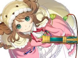 Rule 34 | &gt;:), + +, 1girl, bear hat, bow (weapon), brown hair, capelet, closed mouth, collared dress, commentary request, crossbow, dress, fang, fang out, frilled skirt, frills, from above, fur trim, gloves, green eyes, hat, holding, holding weapon, long hair, long sleeves, looking at viewer, looking up, pink dress, pink gloves, seiken manifestia, shimejirou, simple background, skirt, smile, solo, star-shaped pupils, star (symbol), symbol-shaped pupils, v-shaped eyebrows, weapon, white background