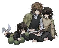 3boys barefoot black_jacket black_pants black_shorts black_vest bonley book bookmark brown_hair brown_shirt chinese_commentary closed_mouth collared_shirt commentary_request green_jacket hair_between_eyes harada_minoru harada_mutei holding holding_book holding_pen isoi_haruki jacket jacket_on_shoulders long_sleeves lying male_focus medium_hair multiple_boys no_mouth no_shoes on_stomach open_clothes open_jacket open_mouth pants pen red_eyes saibou_shinkyoku shirt shorts simple_background smile socks vest white_background white_shirt white_socks