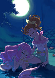 Rule 34 | 2girls, belt, blue eyes, bracelet, closed mouth, commentary request, closed eyes, full moon, hair ribbon, highres, jewelry, kikurage (crayon arts), laura (precure), long hair, mermaid, monster girl, moon, multiple girls, natsuumi manatsu, night, orange hair, partially submerged, pink hair, precure, ribbon, sad, short hair, side ponytail, sitting, smile, tears, tropical-rouge! precure, water, yellow ribbon