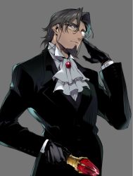Rule 34 | 1boy, 6zi 0, alternate costume, ascot, bad id, bad pixiv id, bespectacled, black gloves, blue eyes, brown hair, cane, facial hair, fate/zero, fate (series), formal, gem, glasses, gloves, goatee, male focus, staff, suit, tohsaka tokiomi