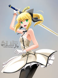 Rule 34 | 1girl, :d, ahoge, artoria pendragon (all), artoria pendragon (fate), bare shoulders, black pantyhose, blonde hair, bow, caliburn (fate), character name, detached collar, dress, fate/grand order, fate/stay night, fate/unlimited codes, fate (series), frilled dress, frills, gloves, green eyes, grey background, hair bow, looking at viewer, open mouth, pantyhose, ponytail, ribbon, saber (fate), saber lily, shirotsumekusa, short hair, sleeveless, sleeveless dress, smile, solo, sword, weapon