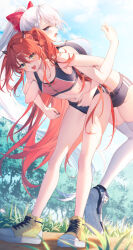 Rule 34 | 2girls, ass, bare legs, bare shoulders, blue eyes, blue sky, braid, breasts, buruma, carrying, carrying person, cloud, cloudy sky, crop top, demon horns, grass, gym shirt, gym uniform, horns, long hair, lying, medium breasts, multiple girls, navel, novel illustration, official art, on back, open clothes, open mouth, outdoors, ponytail, red hair, riselia ray crystalia, seiken gakuin no maken tsukai, shirt, shoes, sky, smile, standing, thighhighs, thighs, toosaka asagi, tree, twintails, veira (seiken gakuin no maken tsukai), very long hair, white footwear, white hair, white thighhighs, yellow eyes, yellow footwear, zettai ryouiki