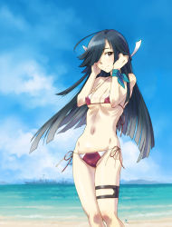 Rule 34 | 1girl, bikini, black hair, blue ribbon, breasts, brown eyes, closed mouth, cloud, commentary request, day, covered erect nipples, hair over one eye, hayashimo (kancolle), kantai collection, long hair, looking at viewer, navel, outdoors, ribbon, sameha ikuya, ship, side-tie bikini bottom, sky, small breasts, smile, solo, standing, swimsuit, thigh strap, very long hair, water, watercraft, wrist ribbon