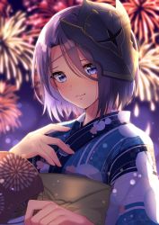 Rule 34 | 1girl, absurdres, aerial fireworks, bad id, bad pixiv id, blue kimono, blurry, blurry background, blush, closed mouth, depth of field, eyebrows hidden by hair, fingernails, fireworks, floral print, forehead, hair between eyes, hand up, highres, ichiren namiro, japanese clothes, jun (princess connect!), kimono, mask, mask on head, night, night sky, obi, princess connect!, print kimono, purple eyes, purple hair, sash, sky, smile, solo, striped clothes, striped kimono