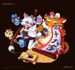 Rule 34 | ahoge, animal ears, artist name, black background, black hair, black shirt, blue bow, blue dress, blue eyes, blue hair, blue headwear, blue kimono, book, bow, calligraphy brush, cat, chinese new year, chinese zodiac, cirno, commentary, crystal sword, dated, dress, english commentary, fairy wings, full body, grey hair, hair bow, happy new year, heterochromia, holding, holding calligraphy brush, holding paintbrush, holding sword, holding weapon, jacket, japanese clothes, kimono, king liu, multicolored hair, new year, open mouth, original, pink eyes, pink hair, pixel art, red eyes, red hair, saigyouji yuyuko, shirt, short hair, simple background, star sapphire, streaked hair, sword, thighhighs, tiger, touhou, triangular headpiece, weapon, white hair, white jacket, white thighhighs, wings, year of the tiger