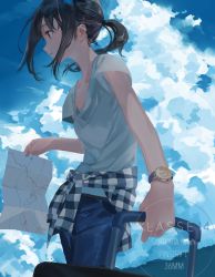 Rule 34 | 1girl, aspara, blue sky, clothes around waist, cloud, cloudy sky, day, denim, fashion, from side, highres, holding, jeans, long hair, luggage, map, map (object), original, outdoors, pants, parted lips, ponytail, short sleeves, sidelocks, sky, solo, standing, sweater, sweater around waist, watch, wind, wristwatch
