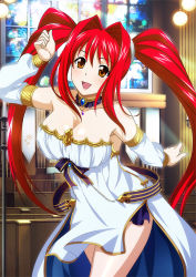 Rule 34 | 00s, 1girl, breasts, brown eyes, cleavage, collarbone, detached sleeves, dress, female focus, hair ornament, ikkitousen, indoors, jewelry, kanpei, large breasts, legs, long hair, long twintails, looking at viewer, necklace, open mouth, red hair, smile, solo, twintails