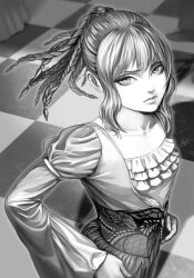 Rule 34 | 1girl, braid, braided ponytail, checkered floor, cowboy shot, dress, fata morgana no yakata, frown, greyscale, hands on own hips, highres, long sleeves, looking at viewer, medium hair, monochrome, moyatarou, multiple braids, nellie rhodes, non-web source, novel illustration, official art, solo, wide sleeves