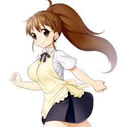 Rule 34 | 1girl, apron, blush, breasts, brown eyes, brown hair, cowboy shot, large breasts, long hair, looking at viewer, onsoku inu, ponytail, simple background, skirt, smile, solo, taneshima popura, waitress, white background, working!!