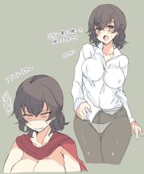 Rule 34 | 10s, 1girl, abenattou, anger vein, angry, black pantyhose, blush, breasts, brown eyes, brown hair, caesar (girls und panzer), cleavage, commentary request, constricted pupils, cropped legs, crotch seam, girls und panzer, grey background, grimace, long sleeves, looking at viewer, medium breasts, no pants, open mouth, panties, panties under pantyhose, pantyhose, partially translated, red scarf, scarf, shirt, short hair, simple background, skindentation, standing, sweatdrop, translation request, underwear, white panties, white shirt