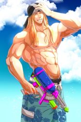 Rule 34 | 1boy, abs, axl low, bandana, bara, biceps, blonde hair, blue eyes, cloud, cloudy sky, guilty gear, large pectorals, long hair, looking at viewer, male focus, manly, mature male, muscular, muscular male, navel, navel hair, nipples, pectorals, shorts, sky, smile, solo, teeth, tentenkingyo, thick arms, water, water gun