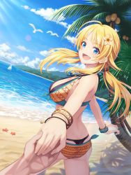 Rule 34 | 1girl, :d, ahoge, ass, beach, bead bracelet, beads, bikini, blonde hair, blue eyes, blue sky, bracelet, breasts, butt crack, cleavage, cloud, commentary request, day, flower, hachimiya meguru, hair flower, hair ornament, highres, holding hands, idolmaster, idolmaster shiny colors, jewelry, large breasts, long hair, looking at viewer, macha0331, multicolored bikini, multicolored clothes, ocean, open mouth, orange bikini, outdoors, palm tree, sand, sky, smile, solo focus, swimsuit, tree, whale tail (clothing)
