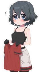 Rule 34 | 1girl, alternate costume, bare shoulders, black gloves, black hair, black pantyhose, black shirt, blue eyes, blush, bow, bowtie, changing clothes, commentary request, gloves, grey shorts, kaban (kemono friends), kemono friends, looking at viewer, no headwear, pantyhose, ransusan, shirt, short hair, shorts, simple background, sleeveless, smile, solo, sweatdrop, undershirt, white background