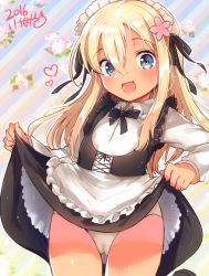 Rule 34 | 1girl, :d, alternate costume, apron, black ribbon, blonde hair, blue eyes, blush, clothes lift, commentary request, cowboy shot, dress, dress lift, enmaided, floral background, flower, frills, hair between eyes, hair flower, hair ornament, heart, holding, ichihaya, kantai collection, lifted by self, long hair, long sleeves, looking at viewer, maid, maid apron, maid headdress, one-piece tan, open mouth, panties, ribbon, ro-500 (kancolle), simple background, smile, solo, standing, swimsuit, tan, tanline, underwear, waist apron, white panties