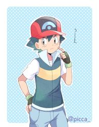 Rule 34 | 1boy, ash ketchum, baseball cap, blue background, border, brown eyes, closed mouth, collared jacket, commentary request, cowboy shot, creatures (company), fingerless gloves, game freak, gloves, green gloves, green hair, grey pants, hair between eyes, hand on own hip, hand up, hat, jacket, male focus, mei (maysroom), nintendo, outline, pants, pokemon, pokemon (anime), pokemon dppt (anime), polka dot, polka dot background, popped collar, red hat, shirt, short hair, short sleeves, solo, sweatdrop, twitter username, white border, white shirt
