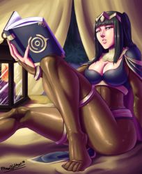Rule 34 | 1girl, black hair, bodystocking, book, breasts, candle, cleavage, fire emblem, fire emblem awakening, highres, nintendo, open book, pltnm ghost, reading, sitting, solo, tharja (fire emblem), tiara