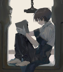 Rule 34 | 1boy, absurdres, aoaso, barefoot, black legwear, blue eyes, brown hair, cape, commentary request, full body, gloves, highres, holding, knees up, male focus, original, pants, safe (container), shirt, short hair, short sleeves, sitting, solo, white gloves, white shirt
