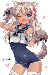 Rule 34 | 10s, 1girl, animal ears, animal hands, blonde hair, blue eyes, blush, claws, covered navel, crop top, dog ears, dog tail, fang, flower, gloves, hair flower, hair ornament, hibiscus, kantai collection, long hair, one-piece swimsuit, one eye closed, open mouth, paw gloves, paw pose, ro-500 (kancolle), sailor collar, school swimsuit, shijima (sjmr02), solo, swimsuit, swimsuit under clothes, tail, twitter username