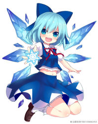 Rule 34 | &gt;:d, 1girl, :d, bloomers, blouse, blue bow, blue eyes, blue hair, blue shirt, blue skirt, blush, bow, breasts, cirno, full body, hair between eyes, ice, ice wings, loafers, looking at viewer, midriff, minamura haruki, navel, neck ribbon, open hands, open mouth, outstretched arms, puffy short sleeves, puffy sleeves, red ribbon, ribbon, shirt, shoes, short hair, short sleeves, simple background, skirt, small breasts, smile, snowflakes, socks, solo, teeth, touhou, underwear, upper teeth only, v-shaped eyebrows, white background, white socks, wings