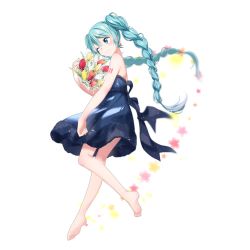 Rule 34 | 1girl, agonasubi, aqua eyes, aqua hair, barefoot, bouquet, braid, dress, floating hair, flower, hatsune miku, highres, long hair, one eye closed, simple background, solo, twin braids, twintails, vocaloid, white background